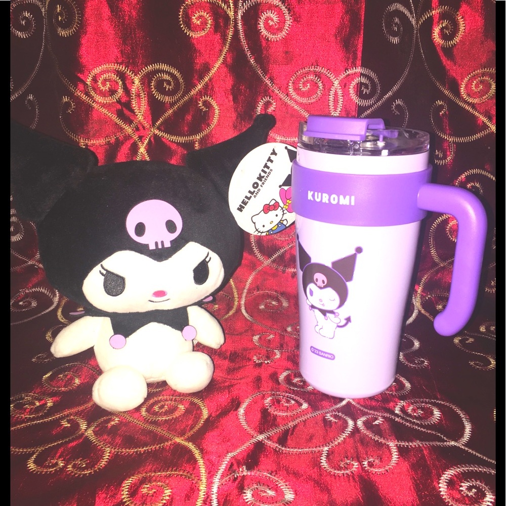 Sanrio Hello Kitty Kuromi Plush and Kuromi Tumbler with handle NWT 💜🖤💜